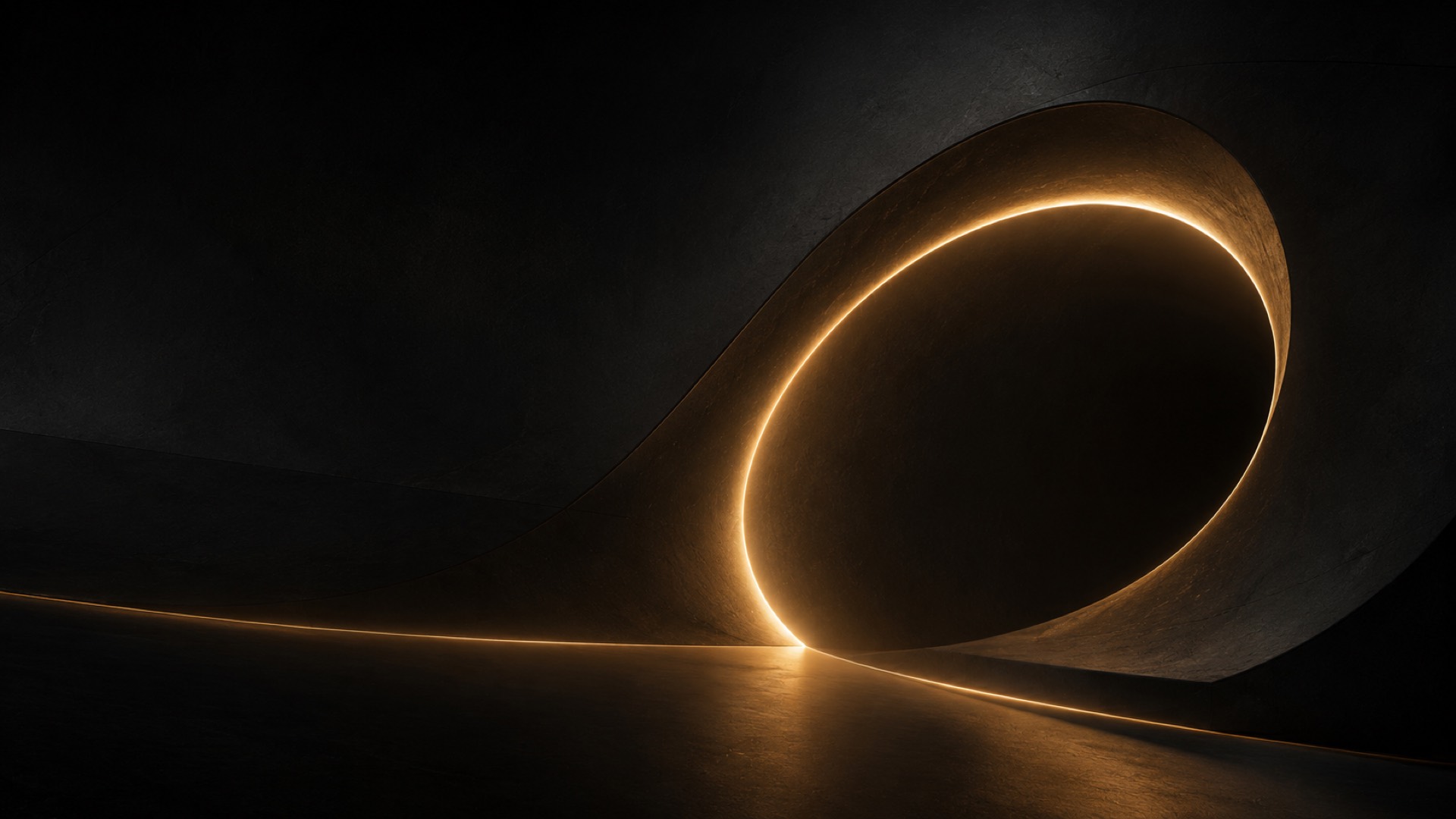 Abstract black architecture with a controlled ring of warm brass light