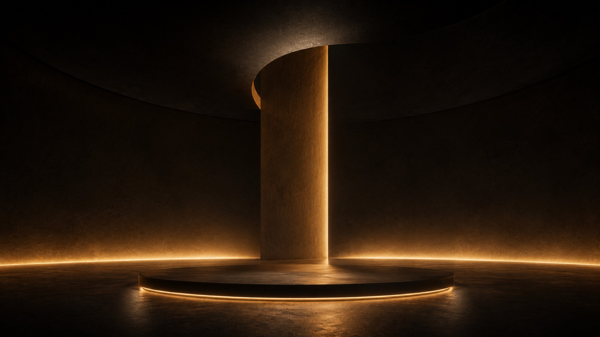 Circular monolithic room with a central vertical form and warm brass light