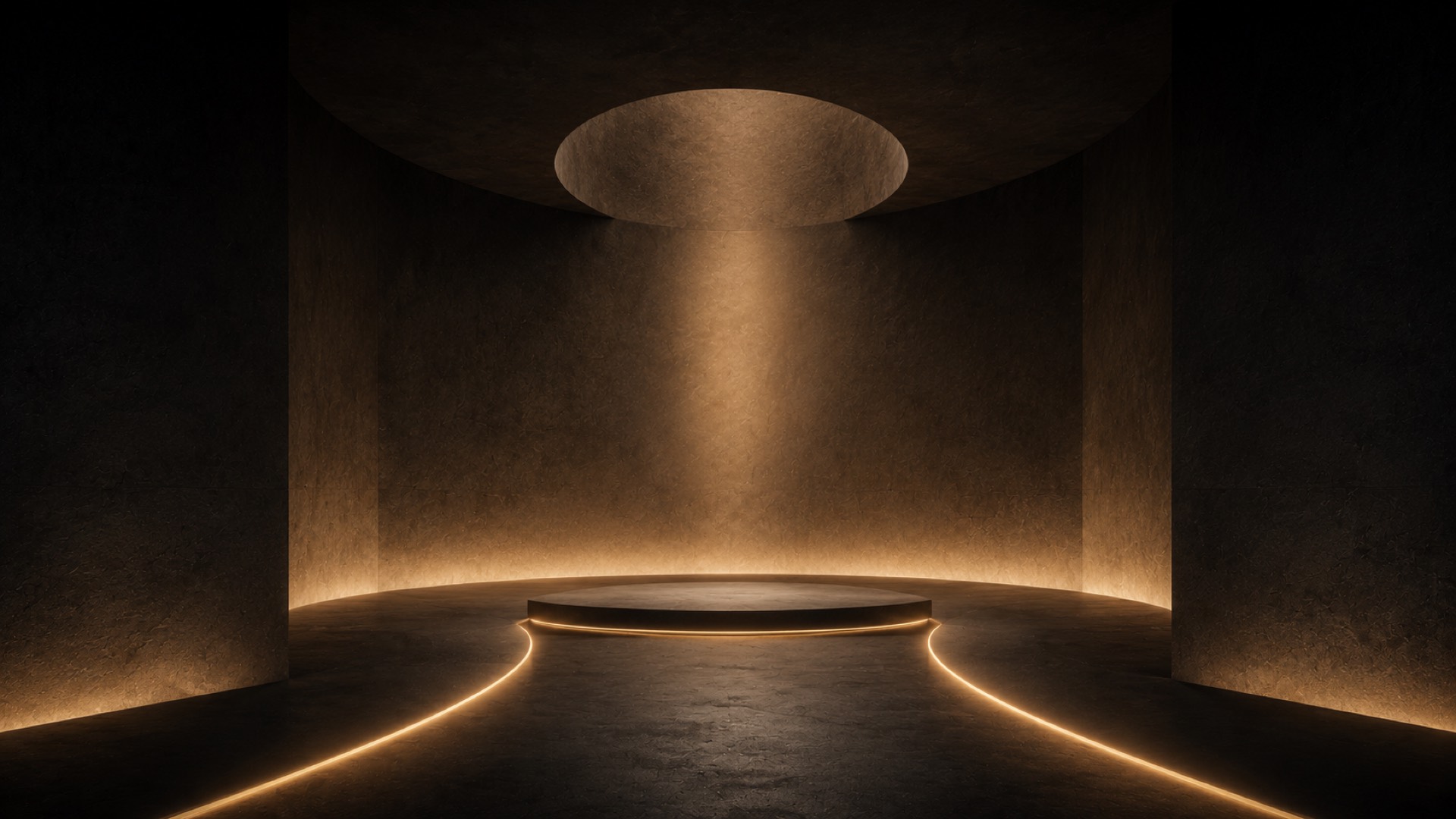 Dark architectural chamber with a circular platform, overhead light, and gold pathway lines