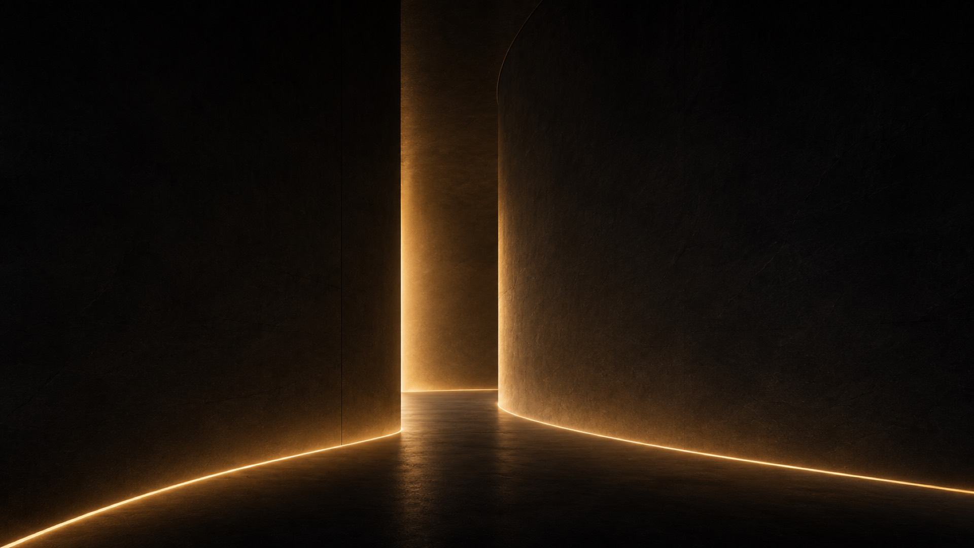 Dark architectural corridor with warm gold light seams guiding the path forward